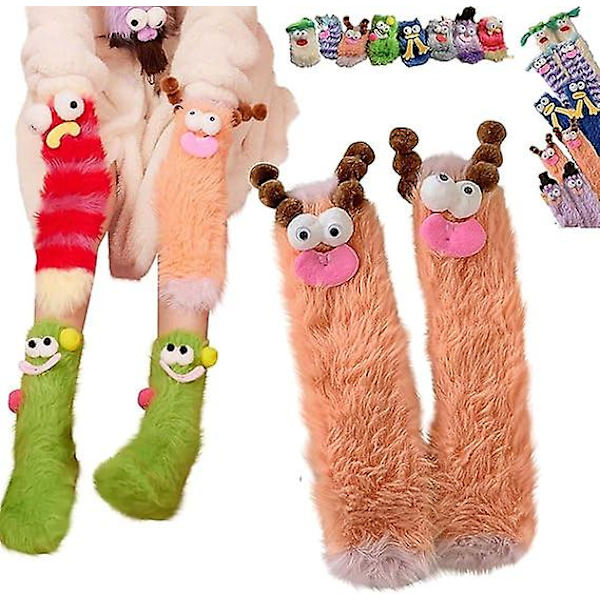 Varme, hyggelige, fluffy tegneseriemonster-sokker, koralfløjl tredimensionelle skæve sokker, plysmonster-sokker julegave 1 pair Orange