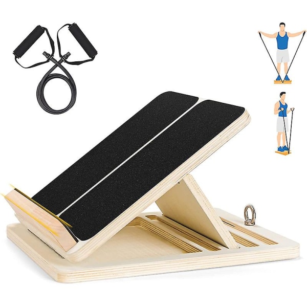 Professionell Slant Board, Wood Calf Stretcher Slant Board, Justerbar Ankel Incline Board med Bonus Stretch Resistance Tube, hopfällbar design för hamn