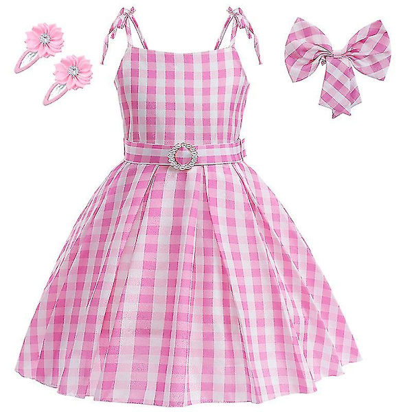 Barbie Filmklänning för Flickor Rosa Rutiga Margot Robbie Cosplay Barnprinsessklänning Födelsedag Halloween Karnevalfest Vestidos Pink Dress Sets 01 140CM