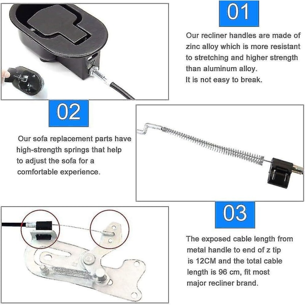 Sofa-kabel i aluminiumlegering 96 cm håndtak recliner erstatning universal lenestol reservedeler enkel installasjon for sofa recliner recliner lenestol   B