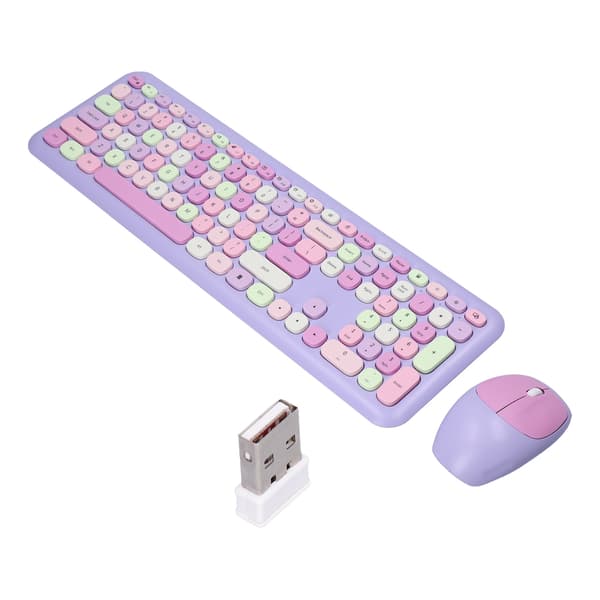 Retro Multi Color 2.4G Wireless Keyboard and Mouse Combo, Mute Cover, Purple