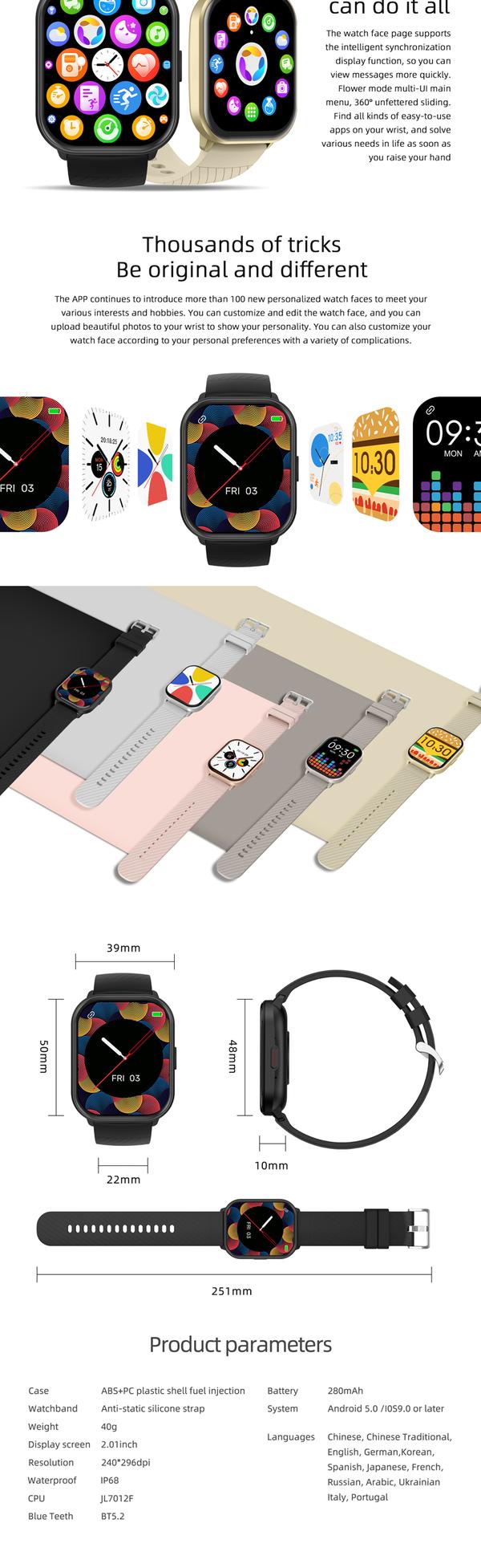 Smartwatch - RNCYN - 2.01 inches - Full Touch Screen - BT Call - Activity Tracker - ZL99J