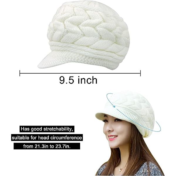 Vinterstrikket lue for kvinner med brem, svart hvit grå, elegant beanie med varm fleecefôr