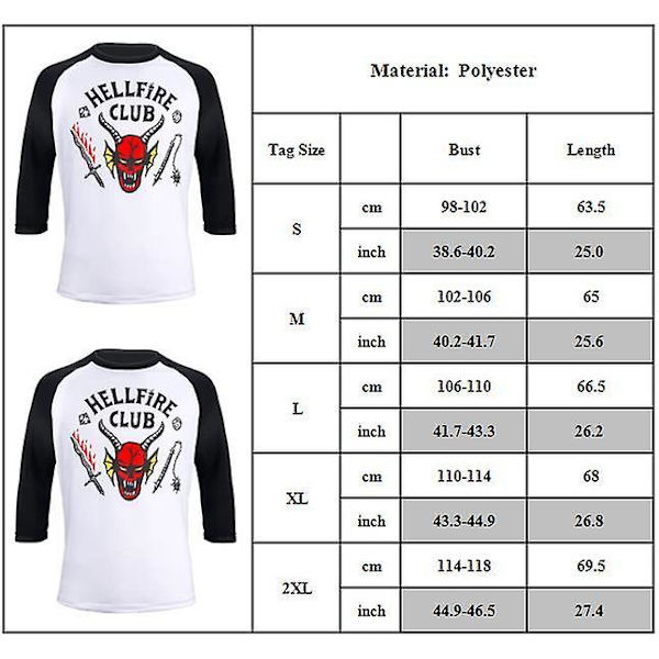 Stranger Things 4 Hellfire Club -lahjat: Lippis/T-paita/Paita/Asusteet Aikuisten ja Lasten Three-quarter Sleeve T-Shirt XL