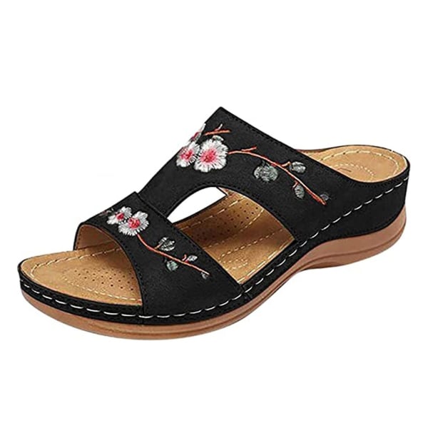 Ortopediska sandaler för kvinnor broderade blommiga flipflops skor våren bekväma tofflor Black 38