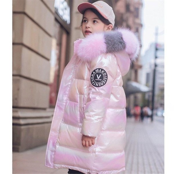 Talvi lapset tytöt takki kiiltävä takki paksu lumi alas reiden puolivälissä pehmustettu lämmin huppu Pink 160cm