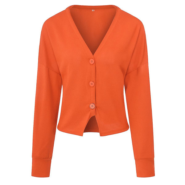 Bomuld Dame V-hals Fashion Design Løs ensfarvet Casual Cardigan 15 farver Orange 2XL