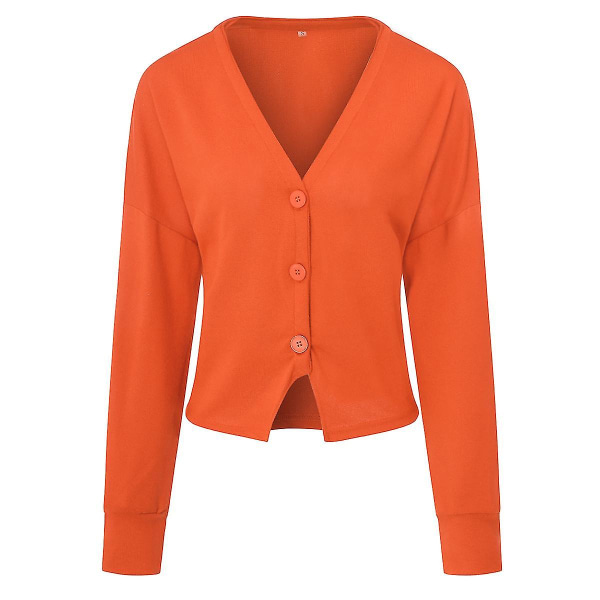 Bomuld Dame V-hals Mode Design Løstsiddende Ensfarvet Casual Cardigan 15 Farver Orange XL