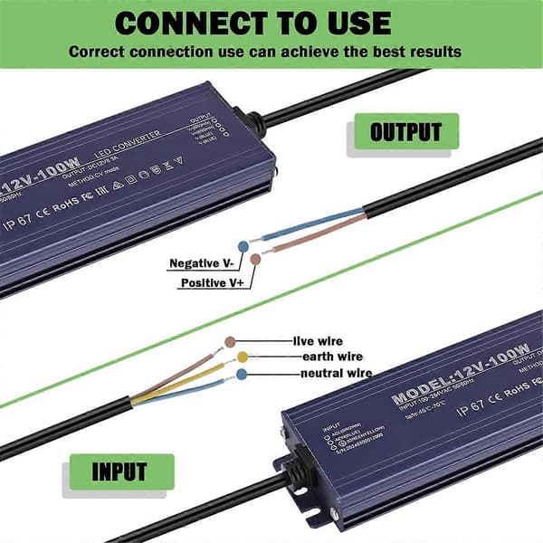 LED-driver IP67 vanntett 12V 8.3A 100W strømforsyningstransformator