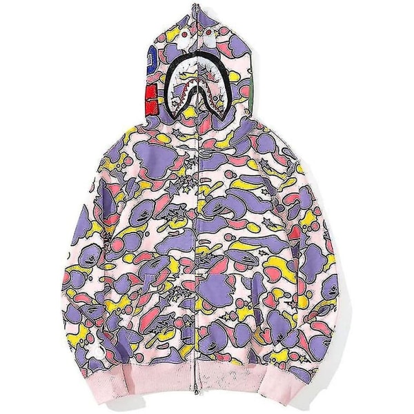 Shark Ape Bape Hoodie Camo Print Polyester Trøje Casual Løstsiddende Lynlås Hoodie Jakke Til Mænd Kvinder Pink M