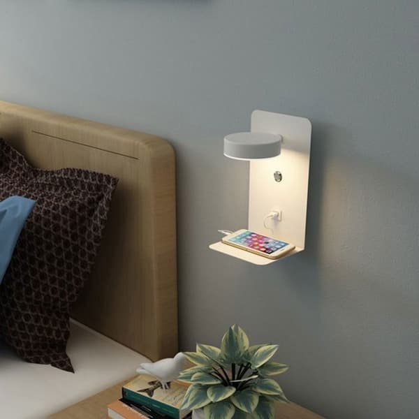 1 pc LED Indoor Wall Lamp with Switch and USB Interface, 12W Dimmable, with White Reading Lamp Shelf - 14*24*12cm