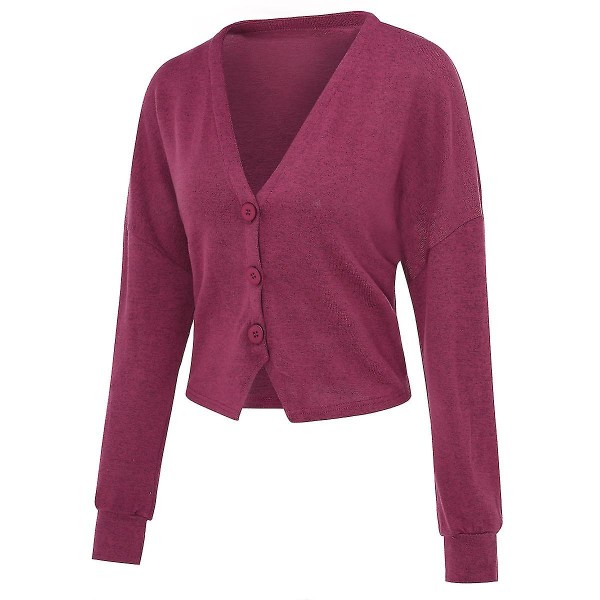 Bomuld Dame V-hals Mode Design Løstsiddende Ensfarvet Casual Cardigan 15 Farver Rose Red 3XL