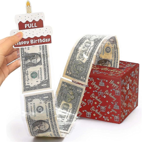 Syntymäpäiväraha-lahjarasia käteisellä, rahalahjalaatikot käteisellä ja ulosvedettävä Hyvää syntymäpäivää -kortti ja 24 kpl läpinäkyviä laukkuja Red