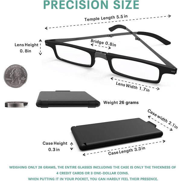 Ultralätta och tunna hopfällbara läsglasögon Vikbara läsare för män Kvinnor Kompakt bärbar rektangulär case 100 Diopters