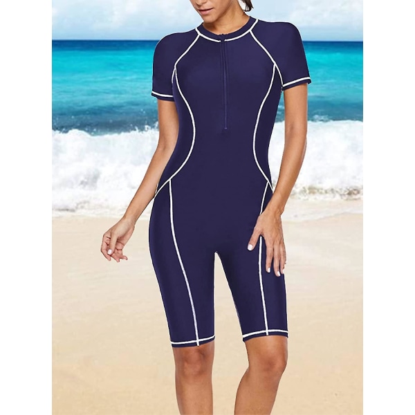 Naisten yksiosainen uimapuku pitkähihainen Rash Guard naisten märkäpuku Urheilullinen uimapuku Surffaus Vetoketju edessä Uimapuku Uimapuku Wanke Navy Blue Short Sleeve XL