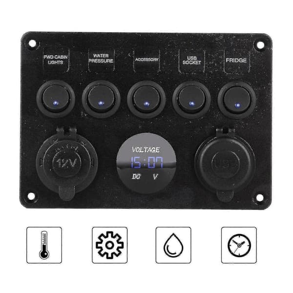 5-vägs 12v/24v Inline-säkringsbox LED-strömbrytarpanel Dubbel USB Bil Båt Lastbil Husbil