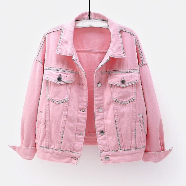 Kvinnor vår- och höstkappor Varma solida långärmade jeansjacka Ytterkläder Pink XL