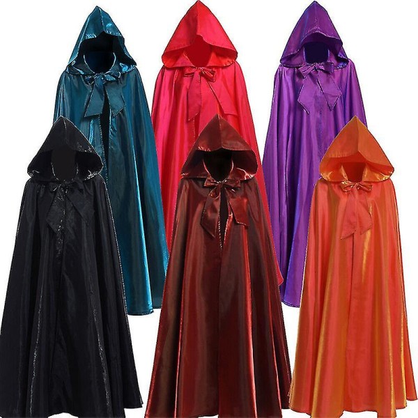 Halloween Kostume 2022 - Lang Kåbe med Hætte i Satin Rød - Heks/Troldmand - Voksen Green 150cm
