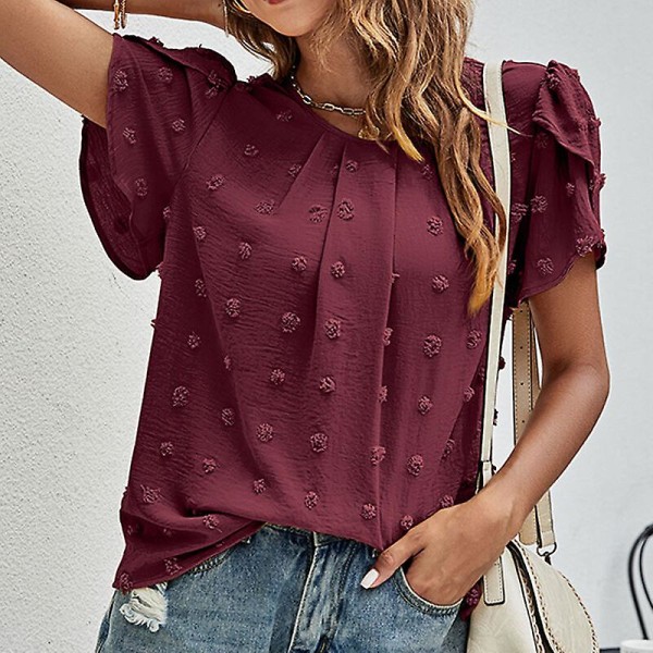 Naisten T-paita Pyöreäkauluksinen sifonkitopit pilkullinen tunikapusero rento terälehti- casual t-paita Wine Red L