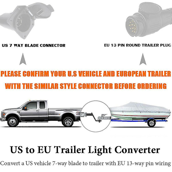 USA til Europe Hengerlysadapter 7-veis Flat Socket (US Kjøretøy) til 13-polet Rund Plugg (EU Henger)