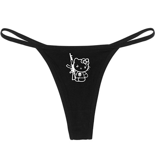 Hellokitty Ren Bomull Tunn Rem Sexig Stringtrosa Låg Midja Sömlös Anime Tecknad Kuromi Underkläder för Kvinnor Enkla Ribbade T-trosor SVART 10 BLACK 10 S