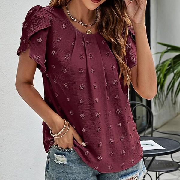 Dame T-skjorte Rund Hals Chiffon Topper Polka Dot Tunika Bluse Casual Blomst-Erme Tee Wine Red L