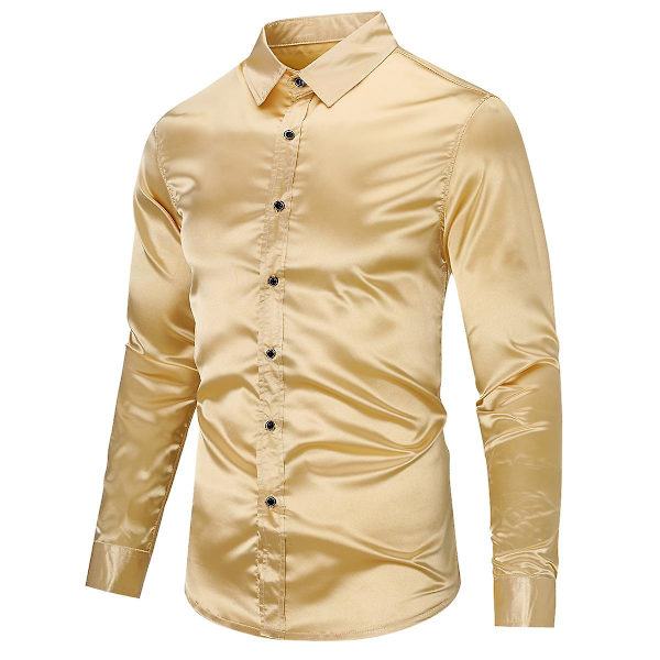 Sliktaa Miesten Rentoutunut Muodikkaat Kiiltävät Pitkähihaiset Slim-Fit Virallinen Paita Gold S