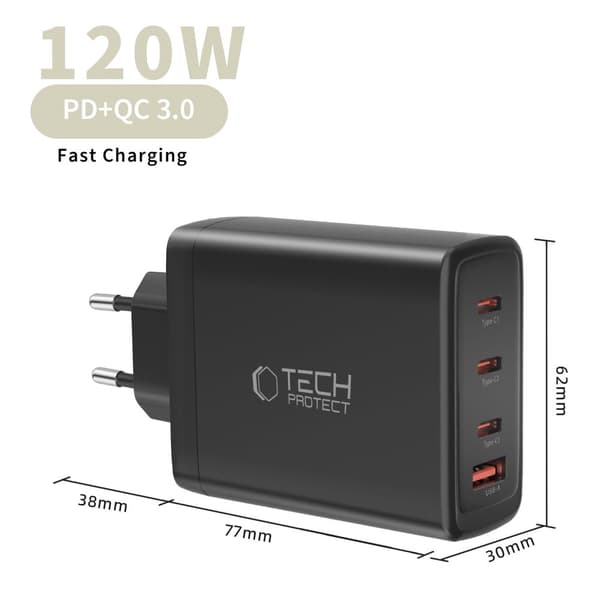 Tech-Protect 120W Vægoplader PD QC3.0 USB-C/USB-A Sort 280