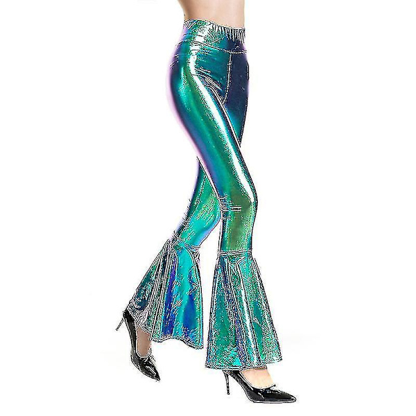 Kvinnors Flared Byxor Mermaid Wide Leg Byxor Hippie Metallic Byxor_fs Laser Blue M