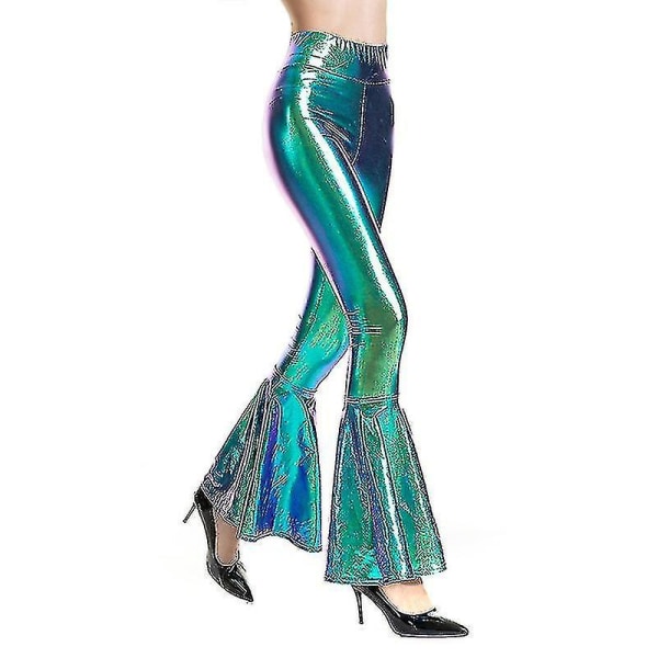 Utsvängda byxor för kvinnor Mermaid Wide Leg Byxor Hippie Metallic Pants_fs Laser Blue M