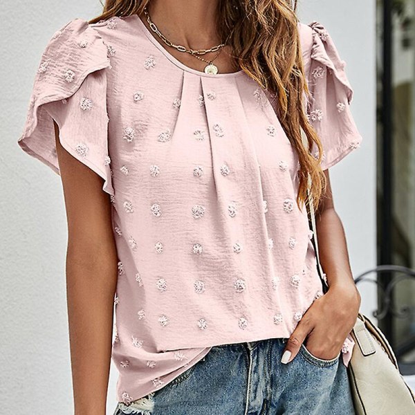 Dame T-skjorte Rund Hals Chiffon Topper Polka Dot Tunika Bluse Casual Blomst-Erme Tee Pink S