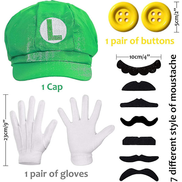 Super Mario Bros Mario Och Luigi Hattar Mustascher Elastiska Upphängare Handskar Knappar Cosplay Kostym