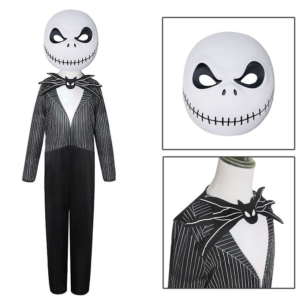 3-14 Years Kids Halloween Nightmare Jack Skellington Cosplay Jumpsuit With Mask