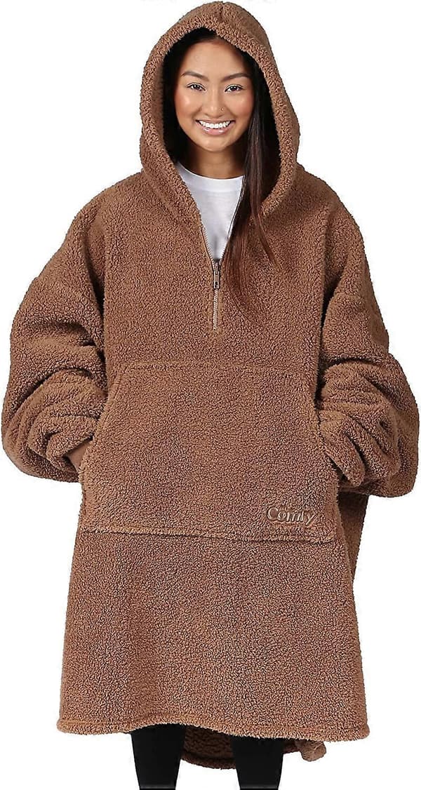 Teddy Bear Quarter Zip Oversized Microfiber Sherpa Bærbar Blanket med Lynlås One Size Camel