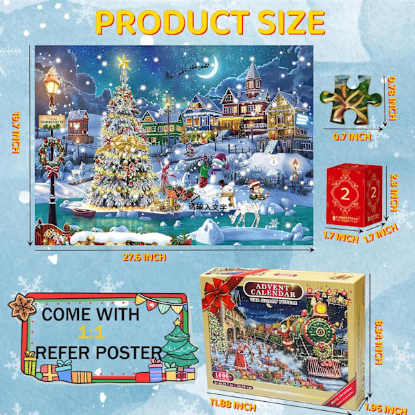 Adventskalender Puslespill 2024 Jul Puslespill 1008 Brikker, Jul Snø Natt 24 Dager Jul Nedtelling Kalender Puslespill for Voksne