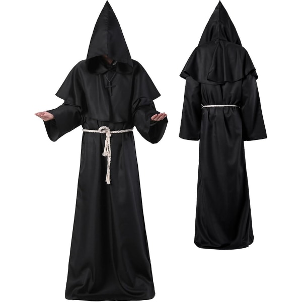 Unisex voksen middelalderkåpe kostyme munk hette kappe kappe bror prest trollmann halloween tunika kostyme 3 stk Black Medium