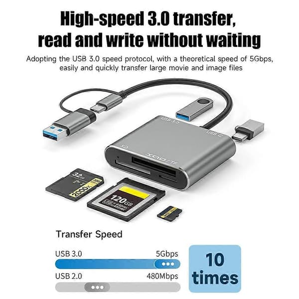 USB 3.0 minnekortleser 5-i-1 USB-C til TF SD XQD-kort