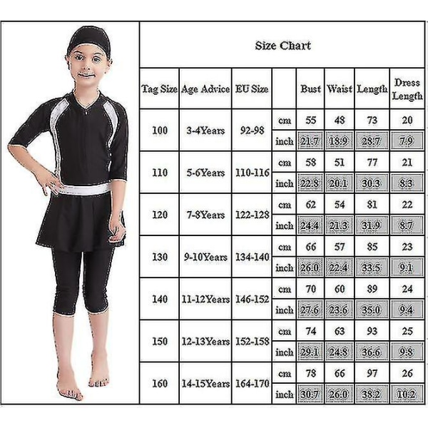 Muslimsk flickbadkläder Islamisk barnkläder Blygsam Burkini Badkläder för strand Black 7-8 Years