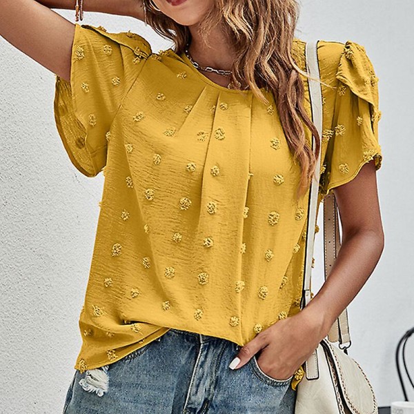 T-shirt dam T-shirt Chiffong med rund halsringning Polka Dots Tunika Blus Casual Petal-sleeve Tee Yellow L