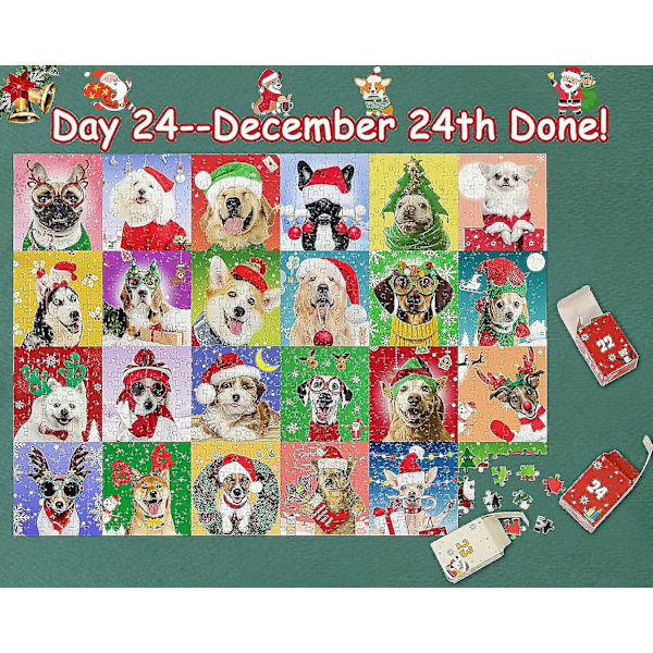 Puslespil Julekalender 2023, 1008 Brikker Julehunde Puslespil, 24 Dages Jule Nedtælling Julekalendere, Julegave