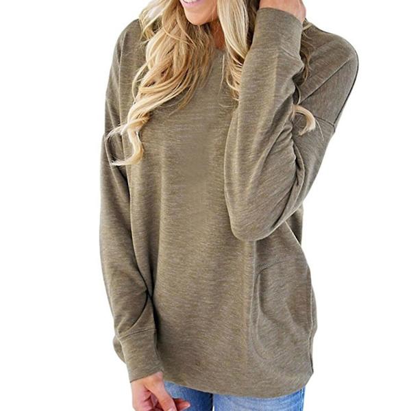 Rundhalsad Långärmad Lätt Tunn Hudvänlig Tröja för Pendling Khaki L