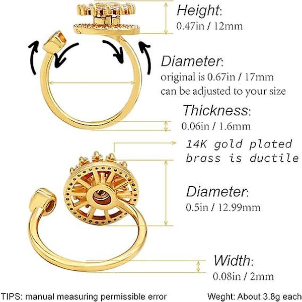 Ångestring för Kvinnor med Kubisk Zirkonia Blomma Roterbar Justerbar Meditations Stressreducerande Ring Guld