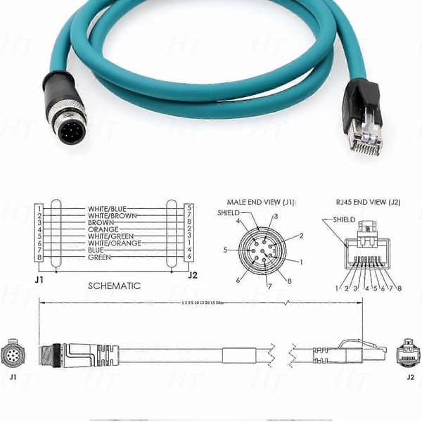 M12 8P A-coded RJ45 Ethernet Cable for Cognex In-Sight 5000 7000 DMR 200 500 ISM1400 PLC (2m)