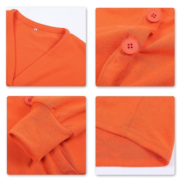 Bomuld Dame V-hals Mode Design Løstsiddende Ensfarvet Casual Cardigan 15 Farver Orange XL