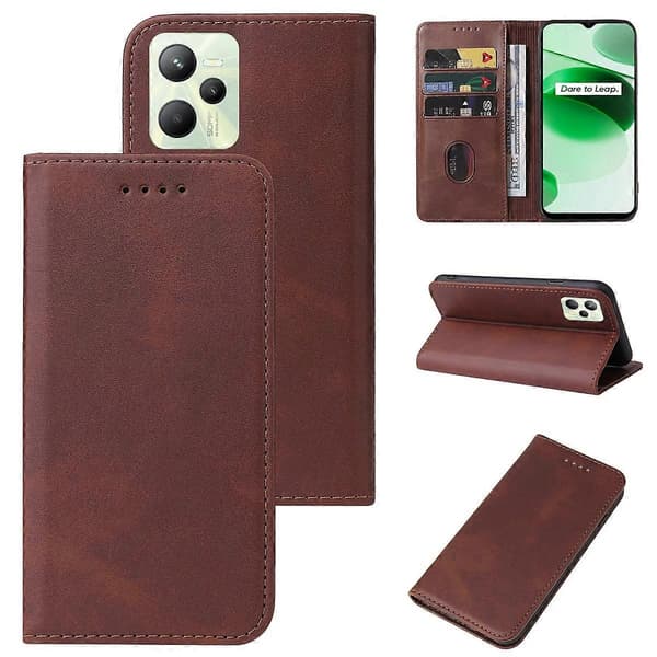 Magnetisk læder telefoncover til Realme C35 Brown