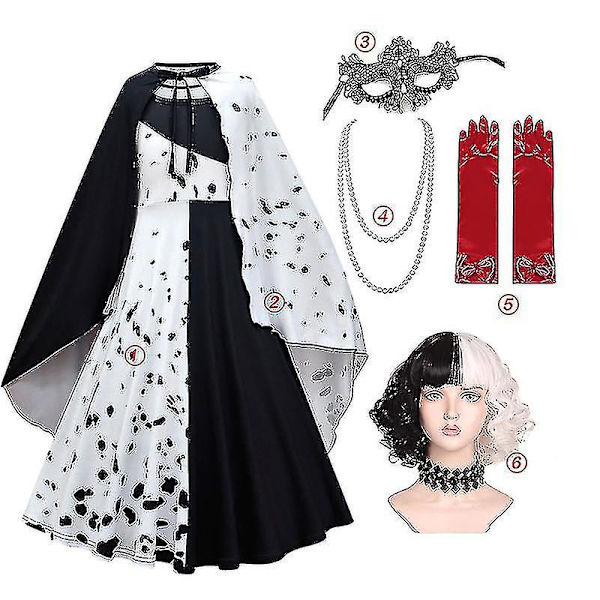 Halloween Barnkläder för Barn Cruella Klänningar Flickor Cosplay Kostym Svart Vit Lång Klänning Med Kappa för Karnevalfest 6 pcs Cruella set
