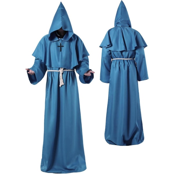 Unisex voksen middelalderkåpe kostyme munk hette kappe kappe bror prest trollmann halloween tunika kostyme 3 stk Blue Medium