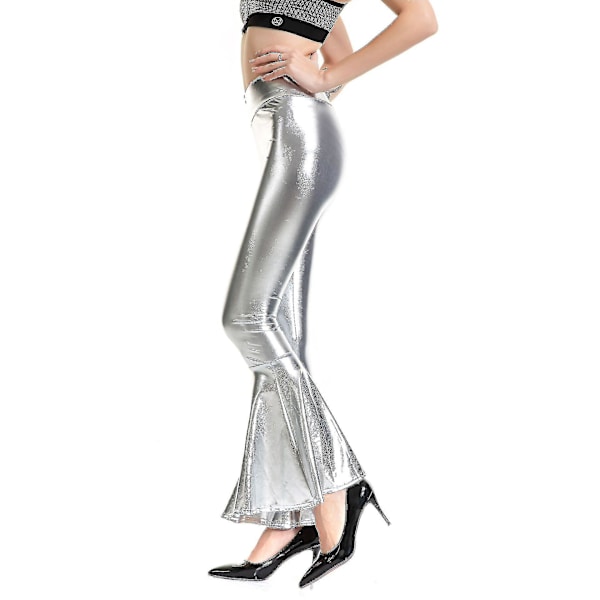 Kvinnors Flared Byxor Mermaid Wide Leg Byxor Hippie Metallic Byxor_fs Silver XL