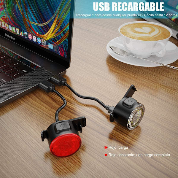 Cykellampa, USB-laddningsbar fram- och baklampa, IPX5 vattentät LED-cykellampa, 6 ljusstyrkelägen