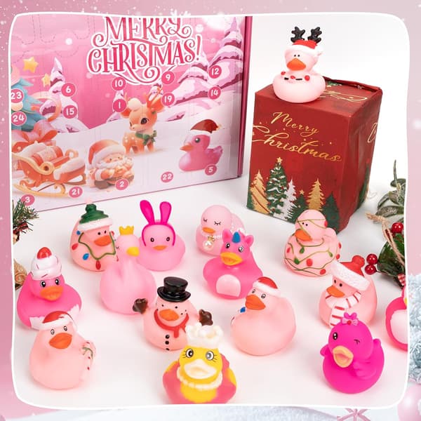 Adventskalender med 24 rosa gummender, julekalender med badeleker for barn og julegaver